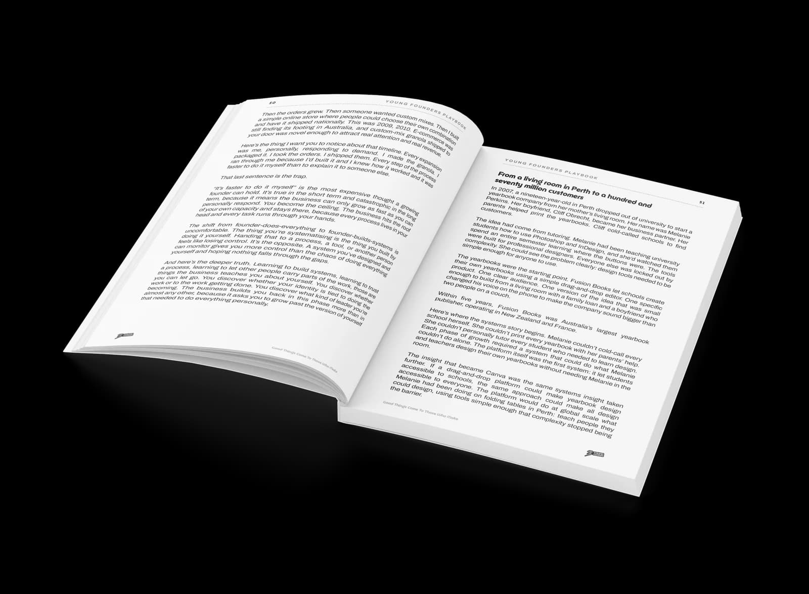 The Young Founders Playbook open to an illustrated lesson